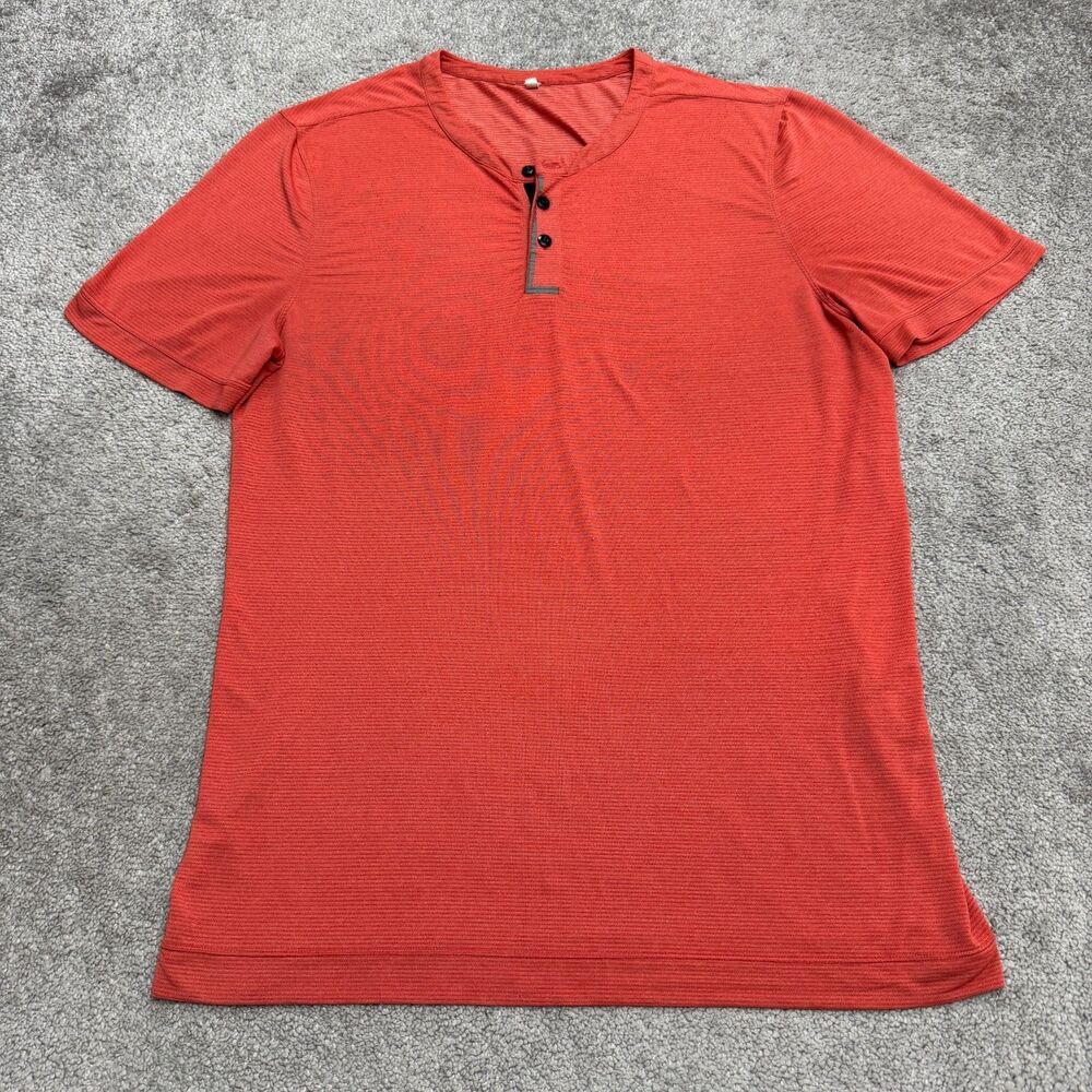 Lululemon Henley Short Sleeve Active T-Shirt Mens Large Stretch Coral Red Tee